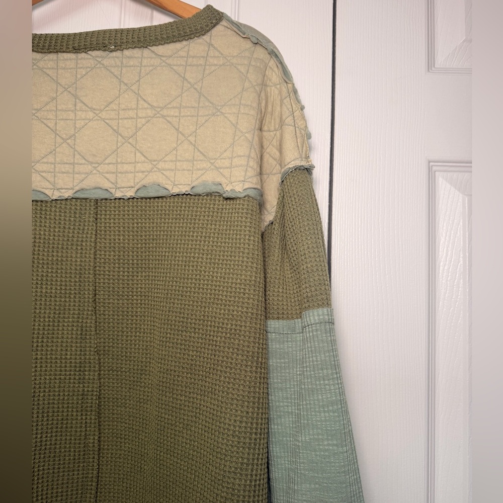 POL Cozy Oasis Patchwork Sweatshirt in Forest Green Medium Boho Oversized Henley - Picture 6 of 8